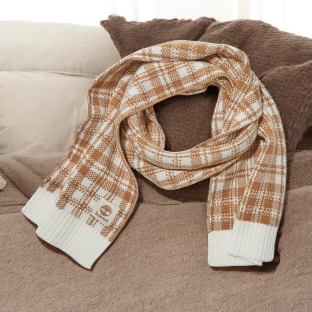 Timberland Brown and White Plaid Scarf